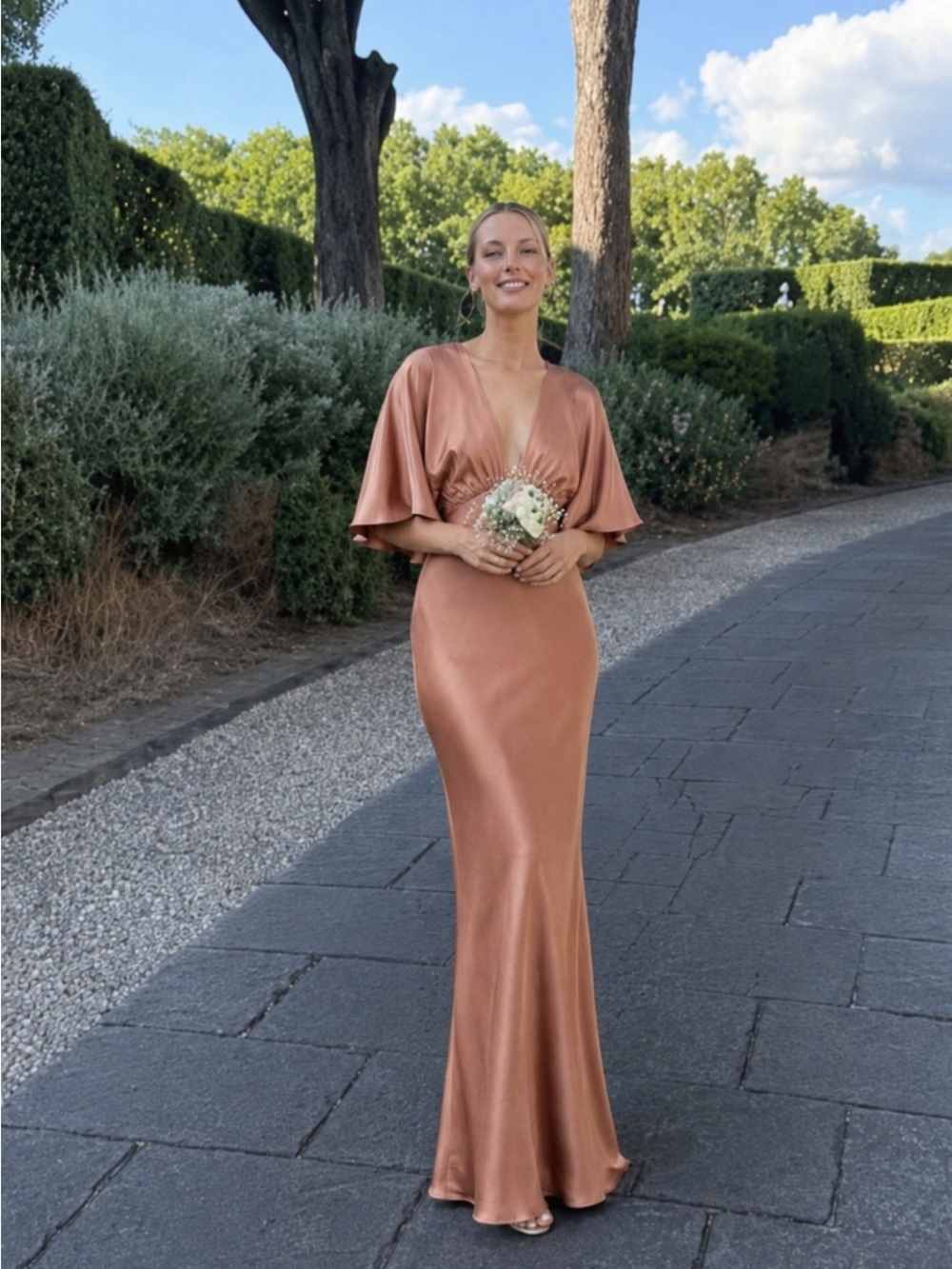 NEW! BHLDN Leila Deep-V Flutter Sleeve Satin Charmeuse Gown Dress Size 2